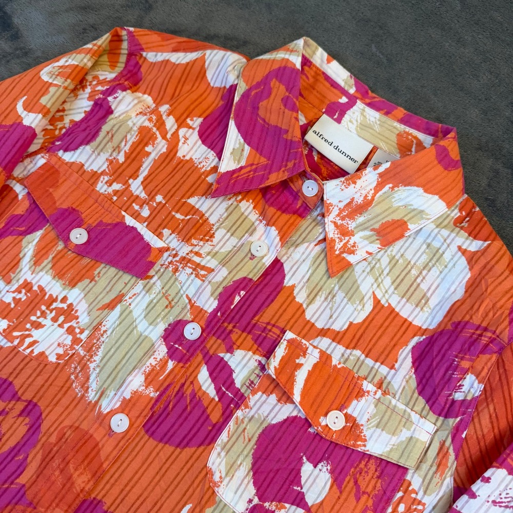 Alfred Dunner Button Up Shirt‎ Womens Size 12 Floral Orange Pink 3/4 Sleeve Top